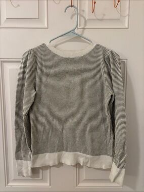 LOFT Gray & White Striped Puff-Sleeve Crewneck Sweater
